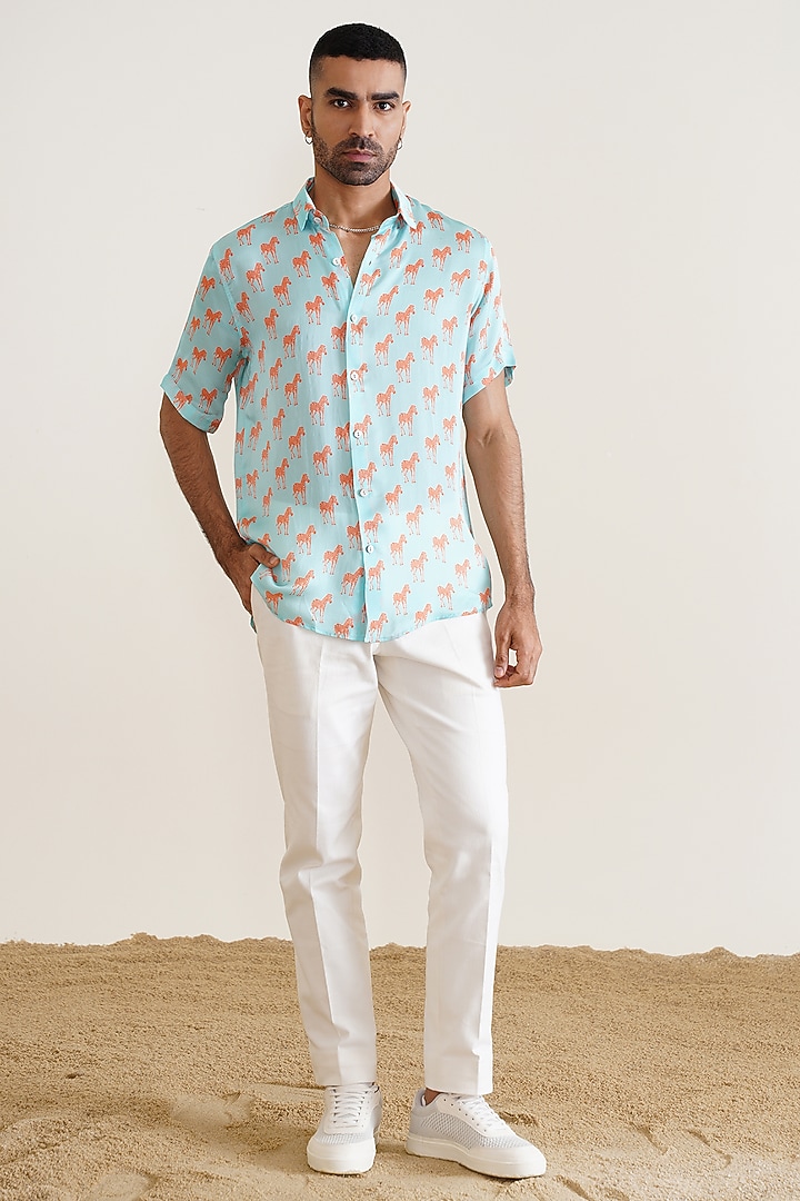 Sky Blue Cotton Printed Summer Shirt by SEVENDC MEN at Pernia's Pop Up Shop