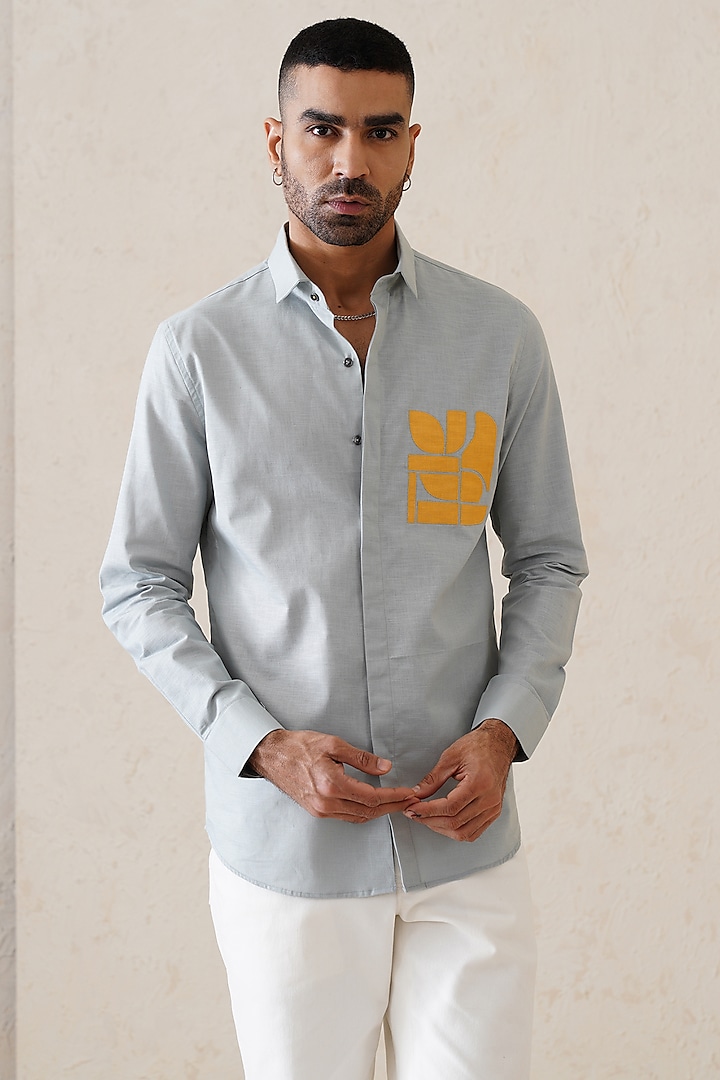 Grey Cotton Linen Applique Artwork Shirt by SEVENDC MEN