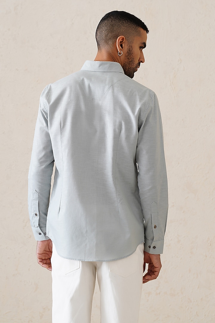 Grey Cotton Linen Applique Artwork Party Wear Shirt by SEVENDC MEN at Pernia's Pop Up Shop
