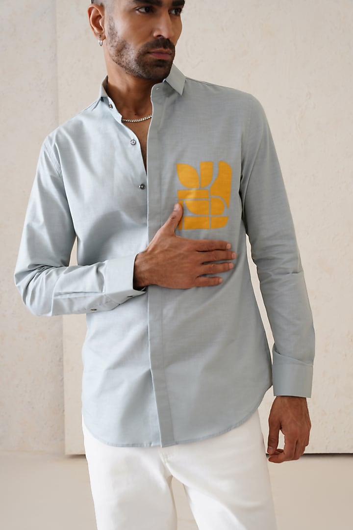 Grey Cotton Linen Applique Artwork Party Wear Shirt by SEVENDC MEN at Pernia's Pop Up Shop
