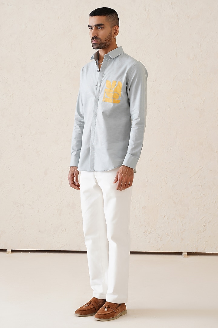 Grey Cotton Linen Applique Artwork Party Wear Shirt by SEVENDC MEN at Pernia's Pop Up Shop