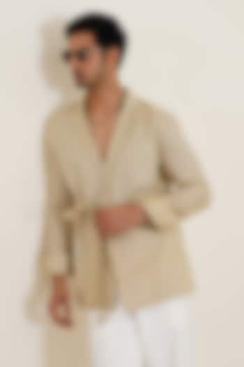 Beige Cotton Linen Blend Overlap Tie-Up Shirt by SEVENDC MEN