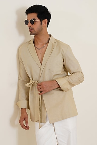 Beige Cotton Linen Blend Overlap Tie-Up Shirt by SEVENDC MEN