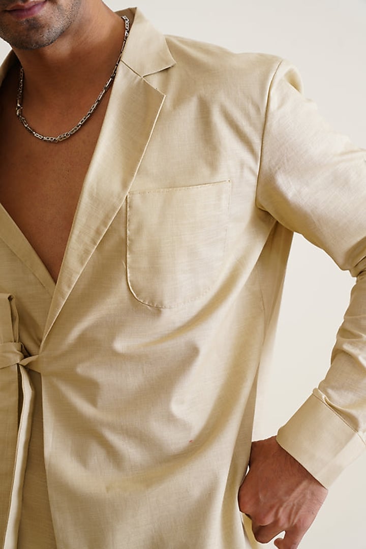 Beige Cotton Linen Blend Overlap Tie-Up Party Wear Shirt by SEVENDC MEN at Pernia's Pop Up Shop