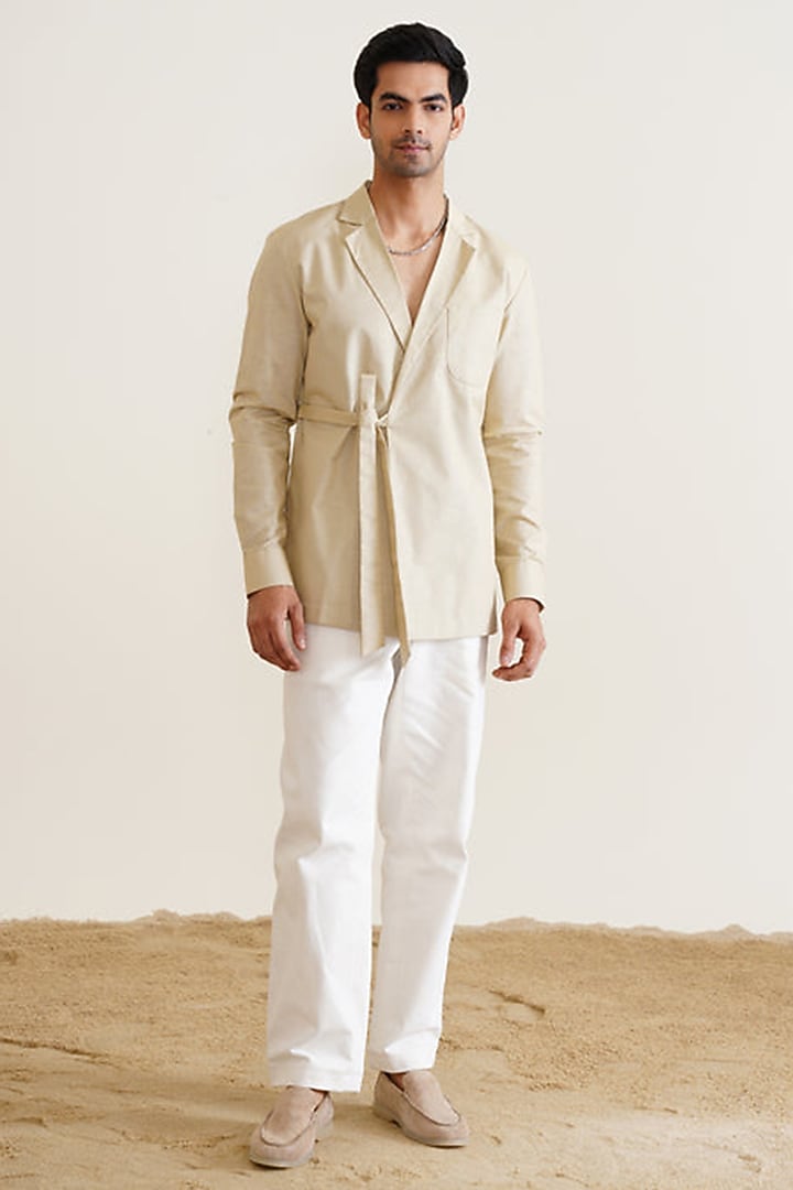 Beige Cotton Linen Blend Overlap Tie-Up Party Wear Shirt by SEVENDC MEN at Pernia's Pop Up Shop
