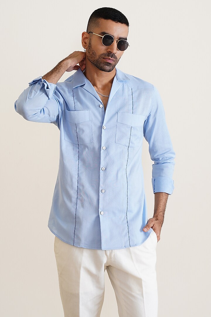 Sky Blue Cotton Linen Shirt by SEVENDC MEN