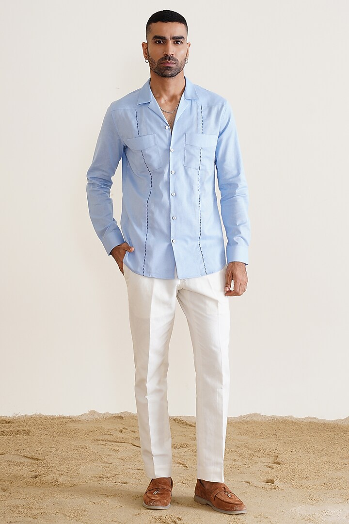 Sky Blue Cotton Linen Party Wear Shirt by SEVENDC MEN at Pernia's Pop Up Shop