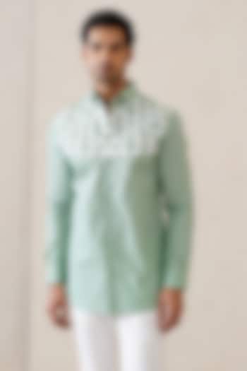 Sage Green Cotton Linen Motif Patchwork Shirt by SEVENDC MEN