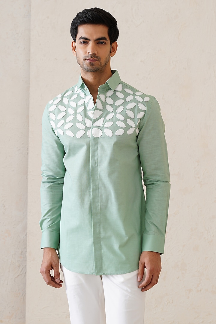 Sage Green Cotton Linen Motif Patchwork Shirt by SEVENDC MEN