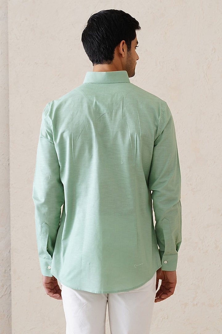 Sage Green Cotton Linen Motif Patchwork Party Wear Shirt by SEVENDC MEN at Pernia's Pop Up Shop