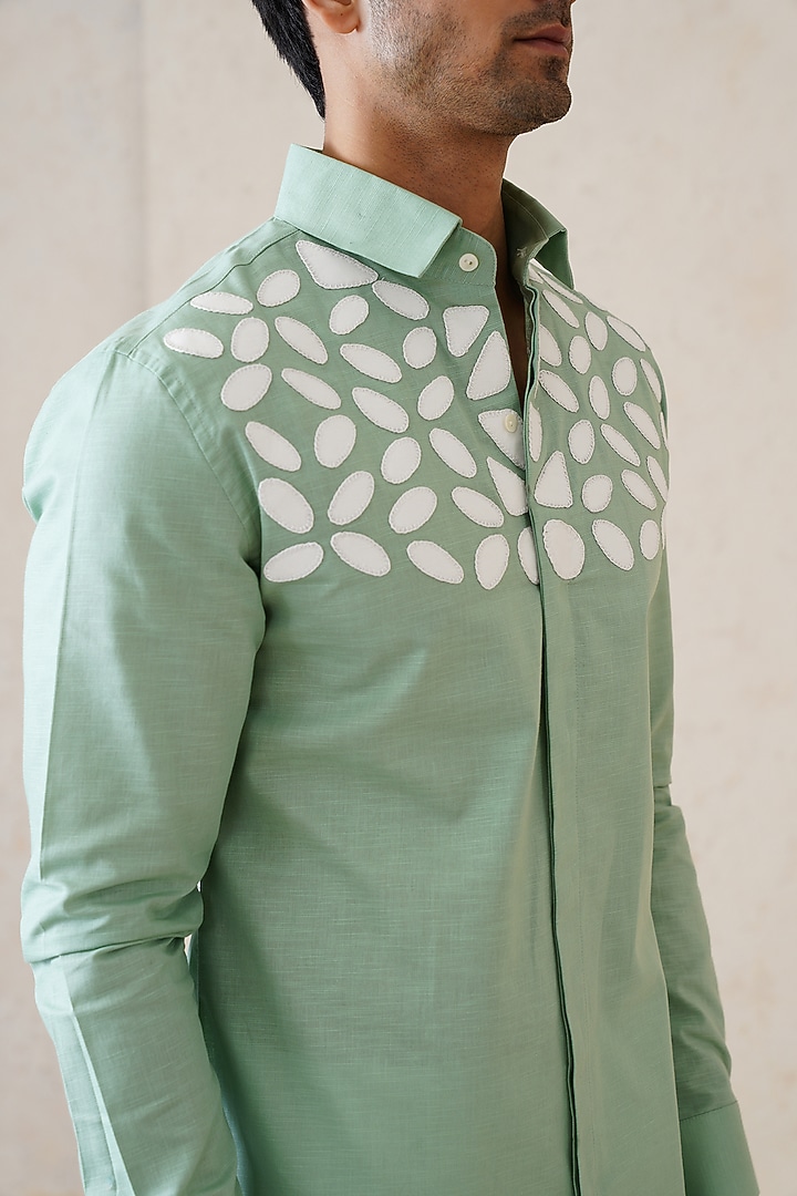 Sage Green Cotton Linen Motif Patchwork Party Wear Shirt by SEVENDC MEN at Pernia's Pop Up Shop
