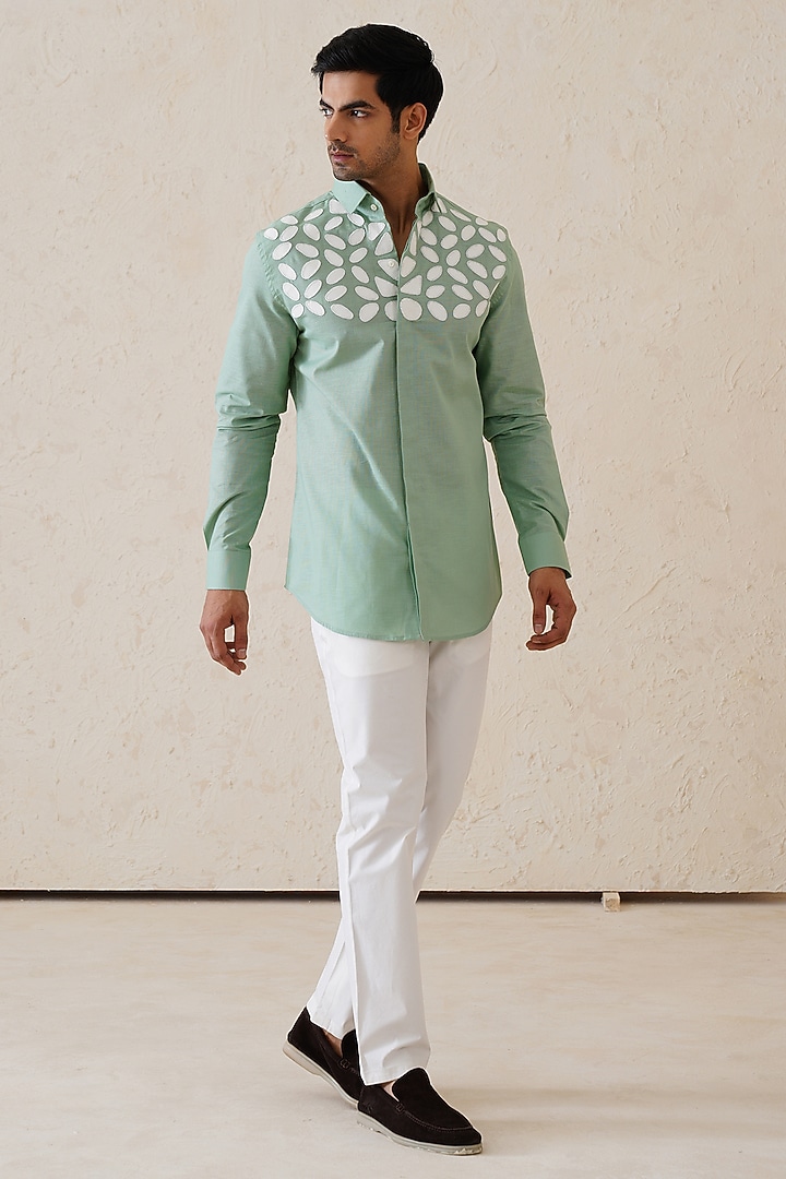 Sage Green Cotton Linen Motif Patchwork Party Wear Shirt by SEVENDC MEN at Pernia's Pop Up Shop