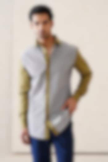 Grey & Olive Cotton Striped Shirt by SEVENDC MEN