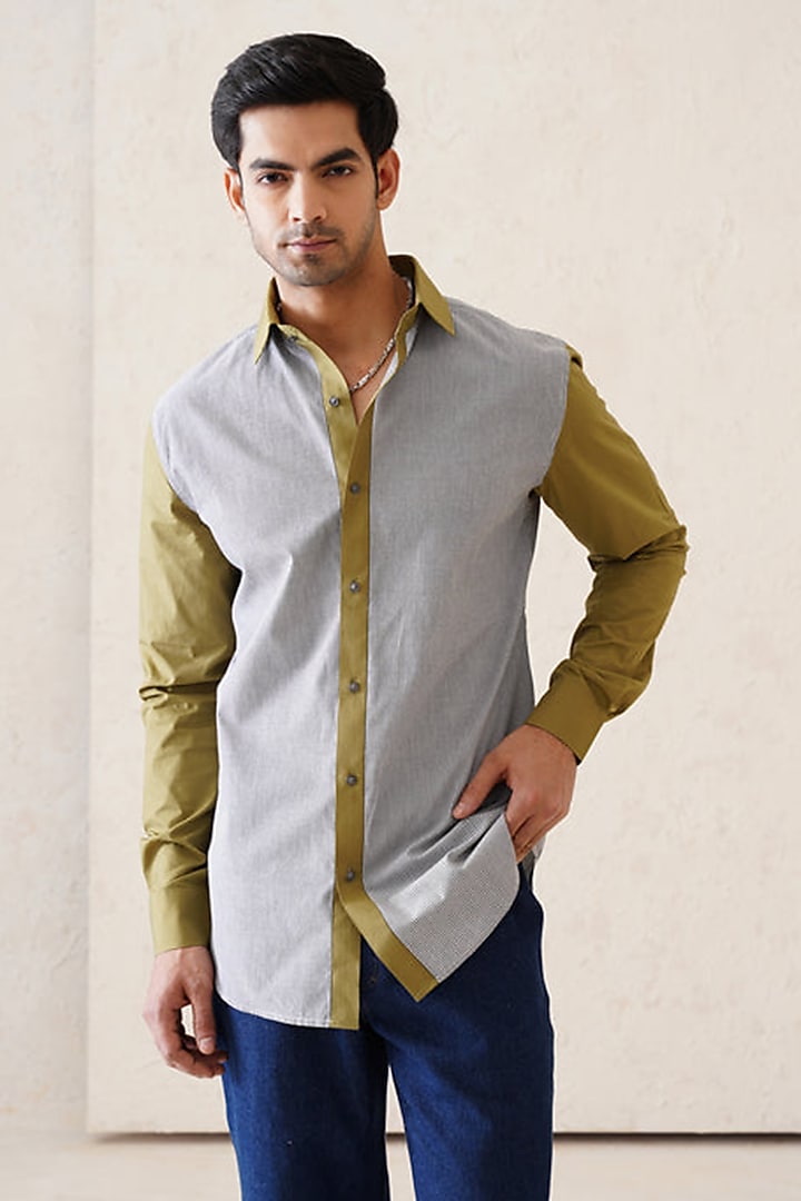 Grey & Olive Cotton Striped Shirt by SEVENDC MEN