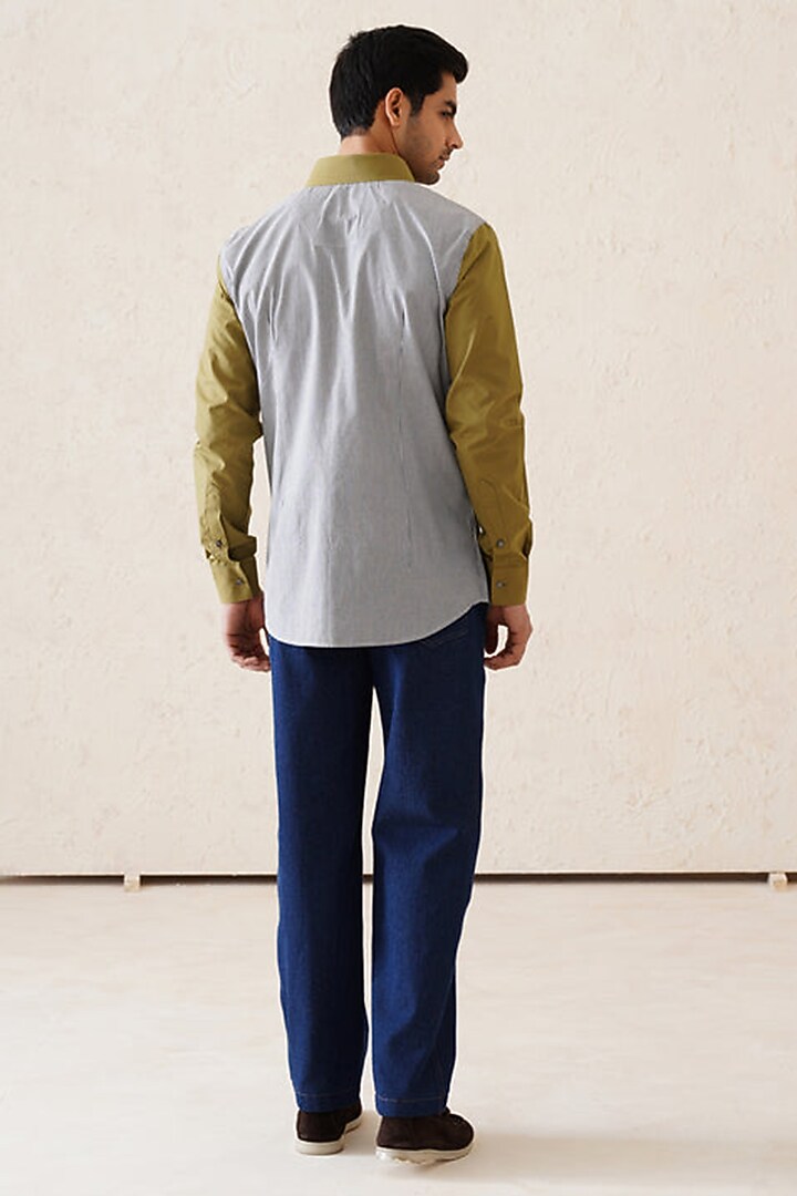 Grey & Olive Cotton Striped Party Wear Shirt by SEVENDC MEN at Pernia's Pop Up Shop