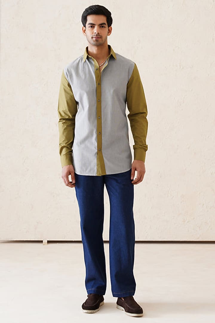 Grey & Olive Cotton Striped Party Wear Shirt by SEVENDC MEN at Pernia's Pop Up Shop