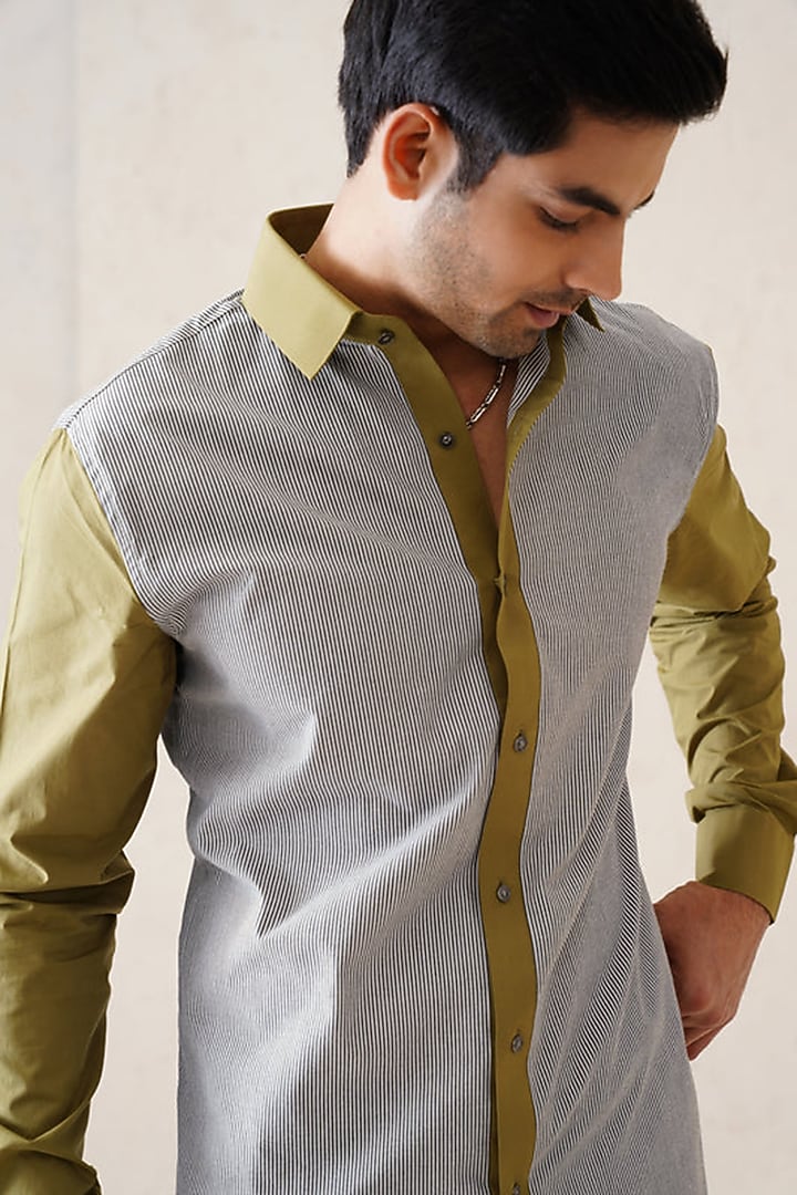 Grey & Olive Cotton Striped Party Wear Shirt by SEVENDC MEN at Pernia's Pop Up Shop