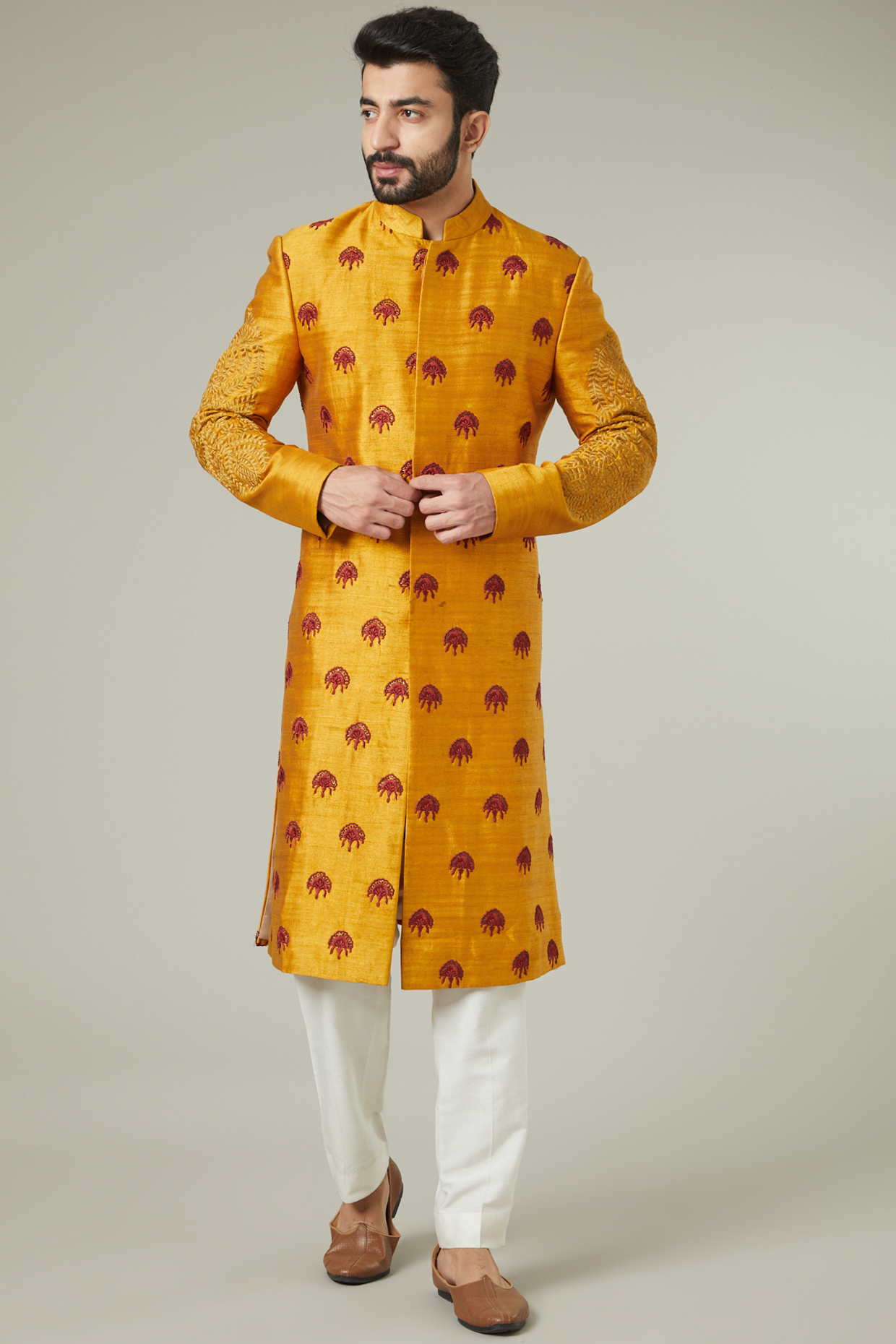 Mustard Silk Sherwani Set by SEVENDC MEN