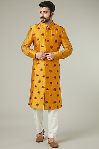 Mustard Silk Sherwani Set by SEVENDC MEN