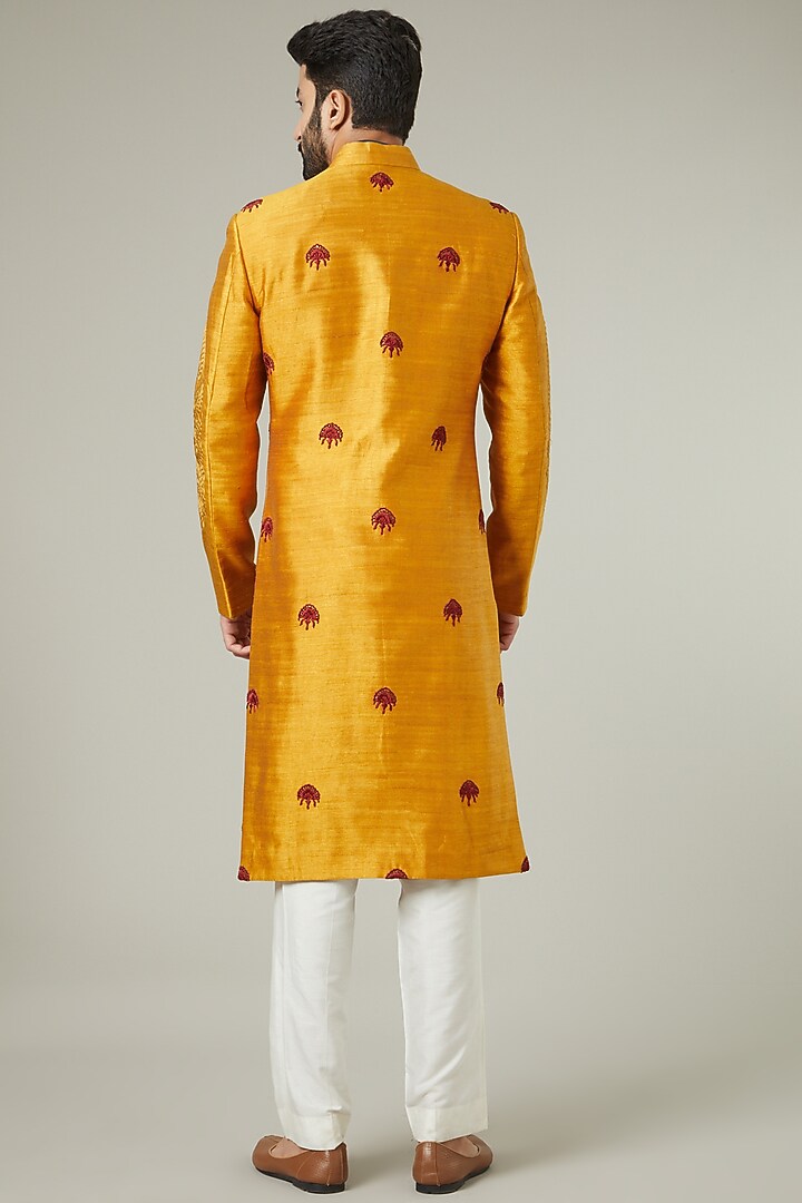 Mustard Silk Groom Sherwani Set by SEVENDC MEN at Pernia's Pop Up Shop