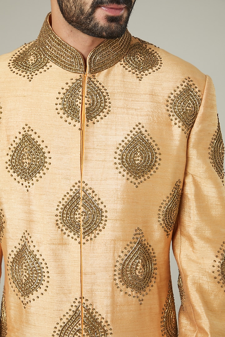 Gold Embroidered Groom Sherwani Set by SEVENDC MEN at Pernia's Pop Up Shop