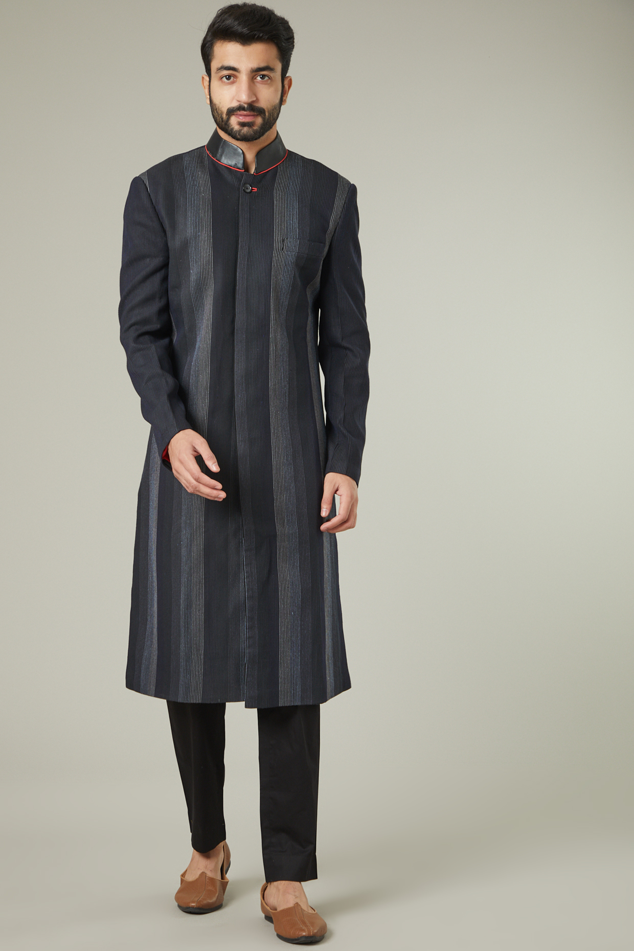 Black Cotton Silk Indo Western Set by SEVENDC MEN