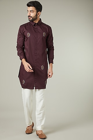 Plum Embroidered Kurta Set by SEVENDC MEN