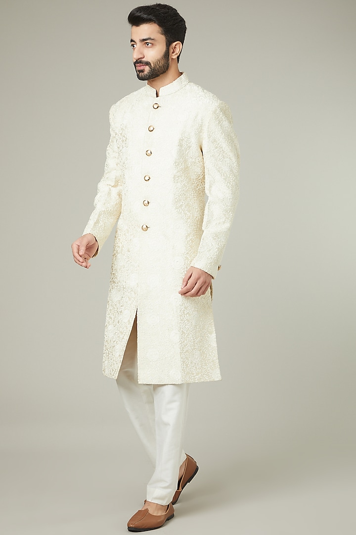 Gold Embroidered Sherwani Set by SEVENDC MEN