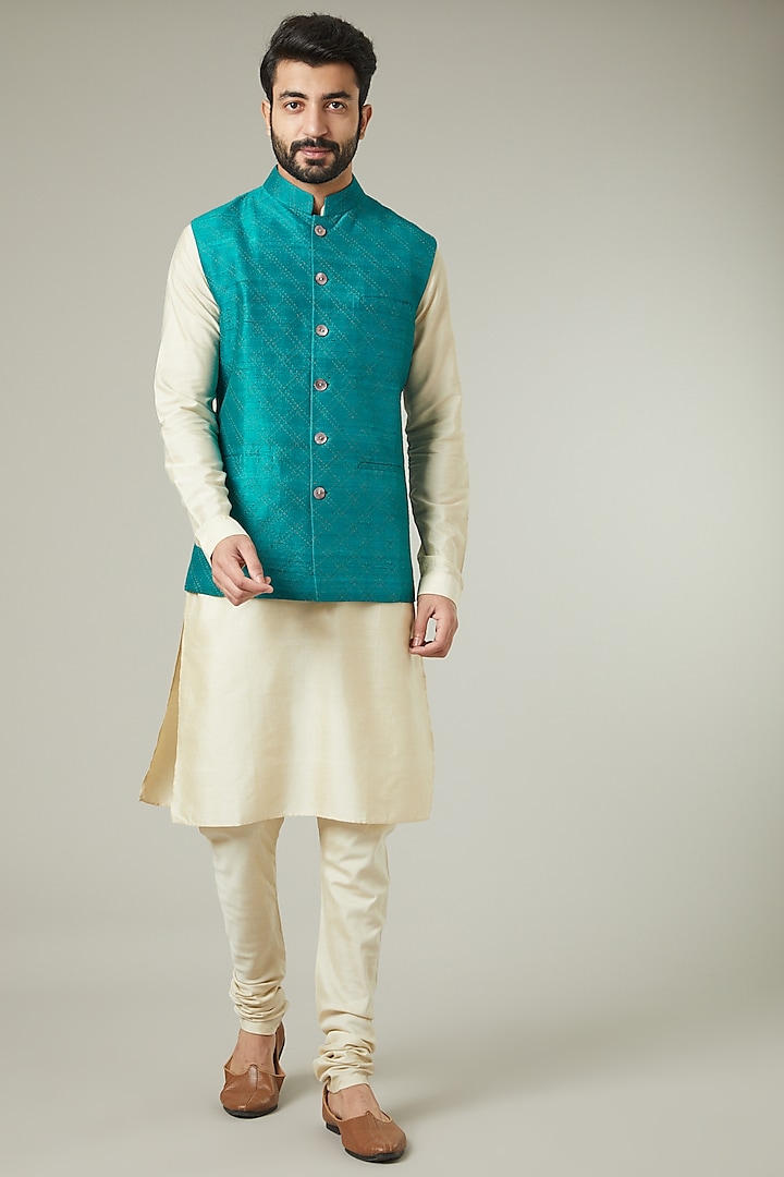 Turquoise Silk Nehru Jacket by SEVENDC MEN