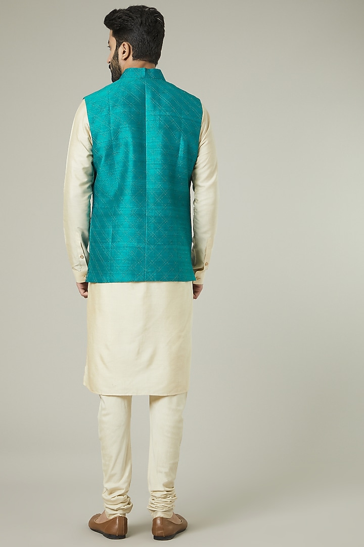 Turquoise Silk Nehru Jacket by SEVENDC MEN at Pernia's Pop Up Shop