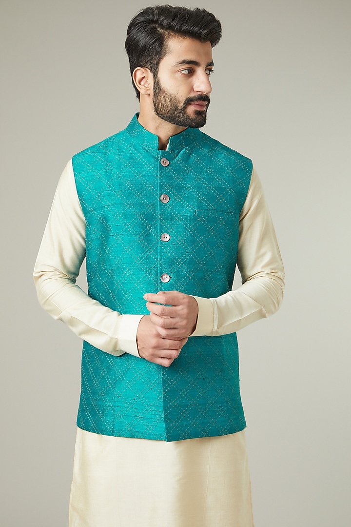 Turquoise Silk Nehru Jacket by SEVENDC MEN at Pernia's Pop Up Shop