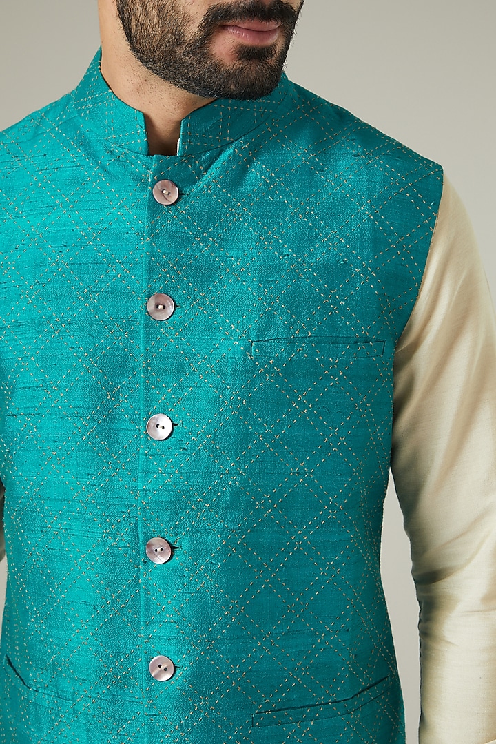 Turquoise Silk Nehru Jacket by SEVENDC MEN at Pernia's Pop Up Shop