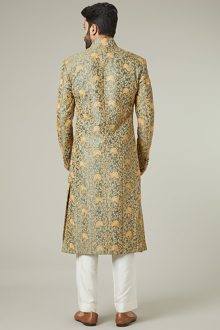 Green Silk Dori Embroidered Groom Sherwani Set by SEVENDC MEN at Pernia's Pop Up Shop