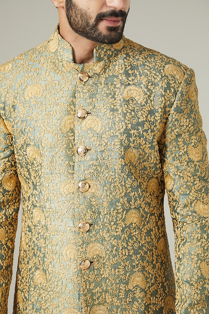 Green Silk Dori Embroidered Groom Sherwani Set by SEVENDC MEN at Pernia's Pop Up Shop
