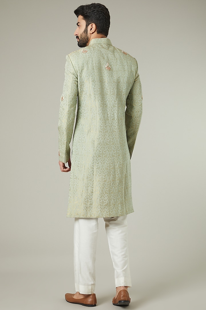 Sage Green Silk Sherwani Set by SEVENDC