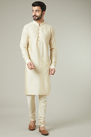 Beige Cotton Silk Kurta Set by SEVENDC MEN