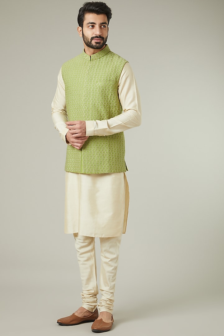 Sage Green Silk Bundi Jacket by SEVENDC MEN