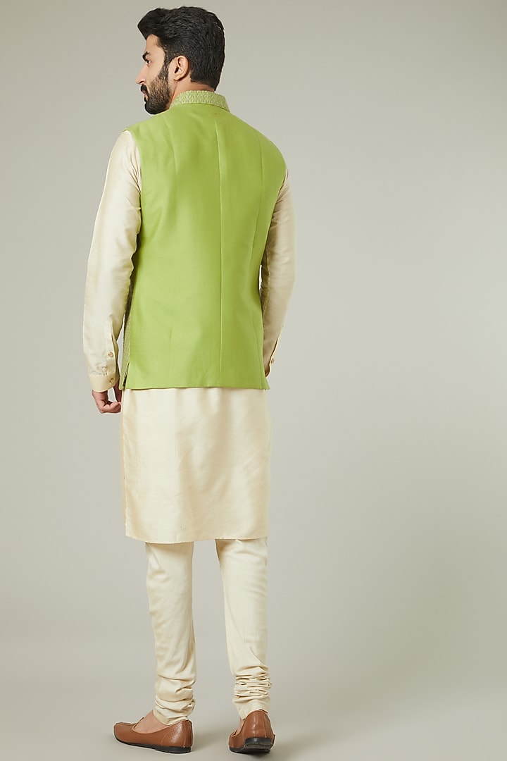 Sage Green Cotton Silk Bundi Jacket by SEVENDC MEN at Pernia's Pop Up Shop