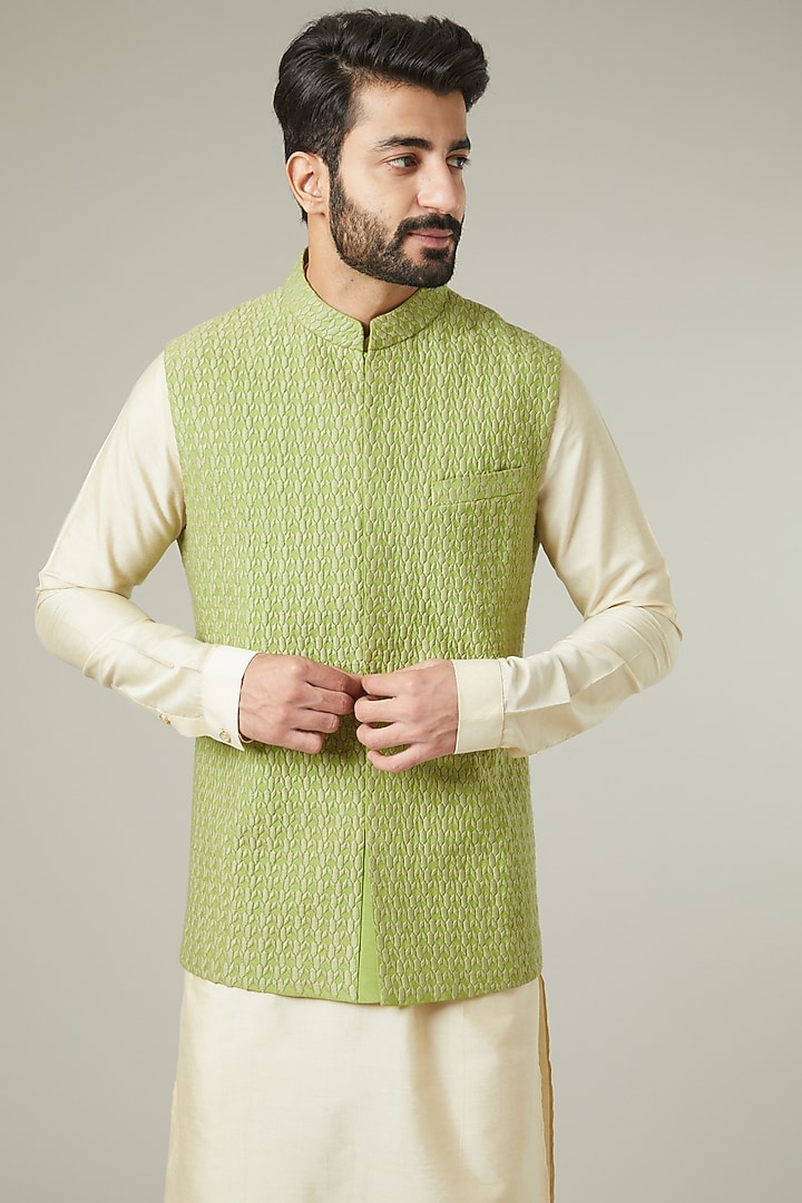 Sage Green Cotton Silk Bundi Jacket by SEVENDC MEN at Pernia's Pop Up Shop