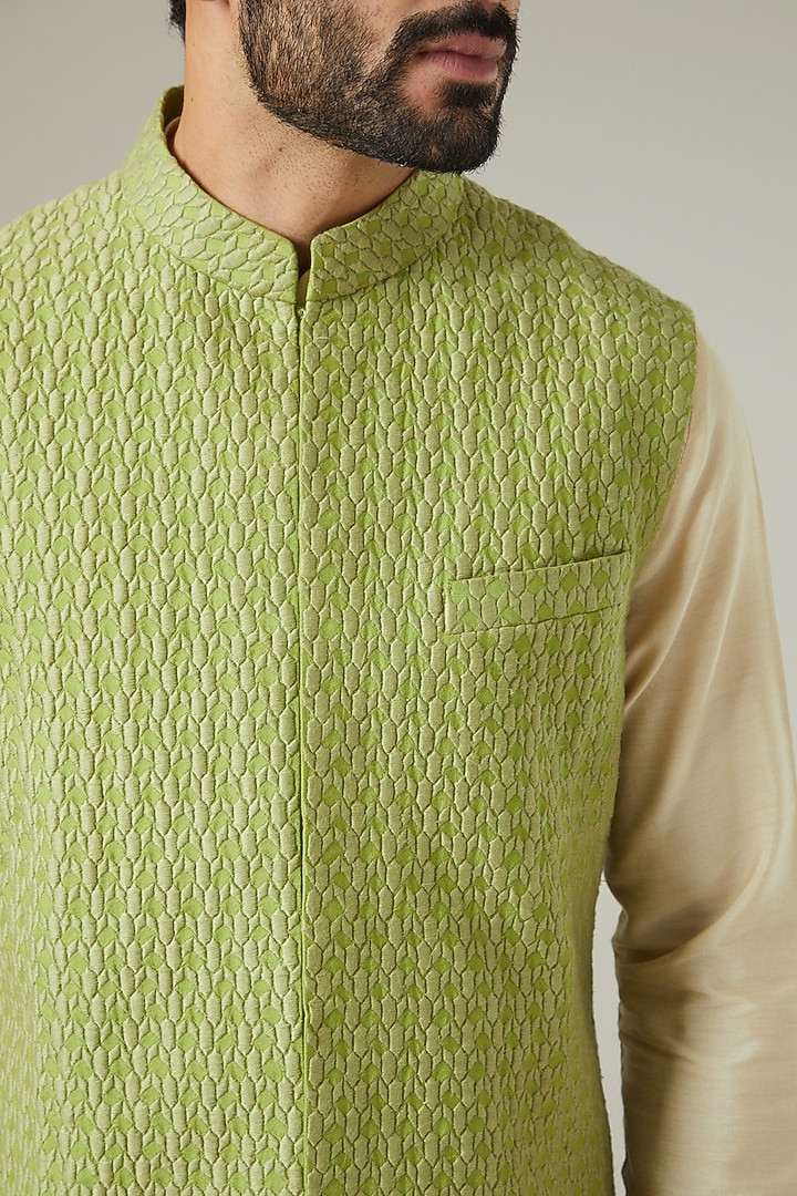 Sage Green Cotton Silk Bundi Jacket by SEVENDC MEN at Pernia's Pop Up Shop