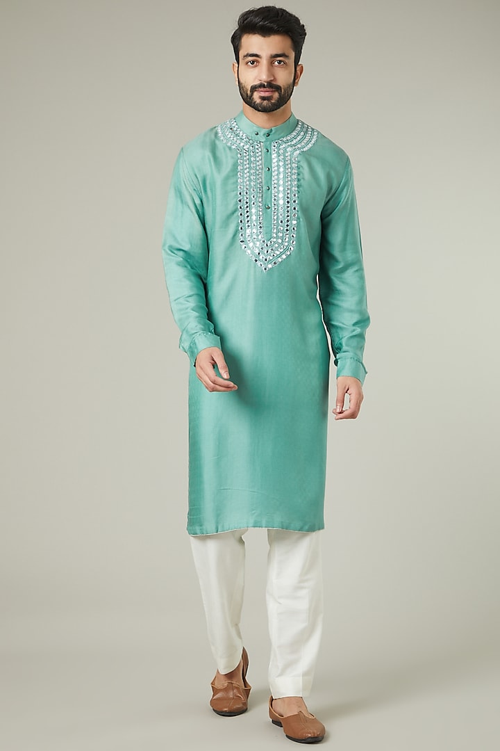 Sea Green Embroidered Kurta Set by SEVENDC MEN