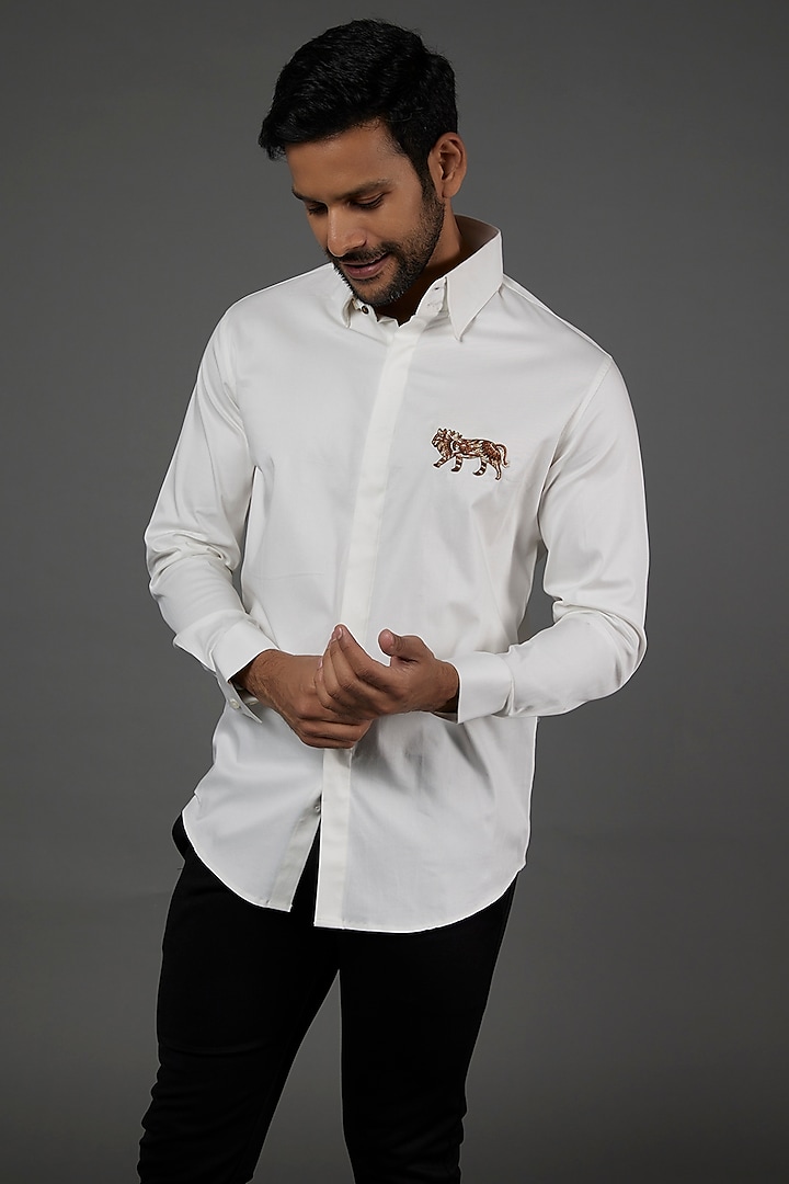 White Cotton Embroidered Shirt by SEVENDC
