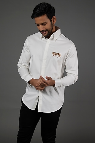 White Cotton Embroidered Shirt by SEVENDC MEN