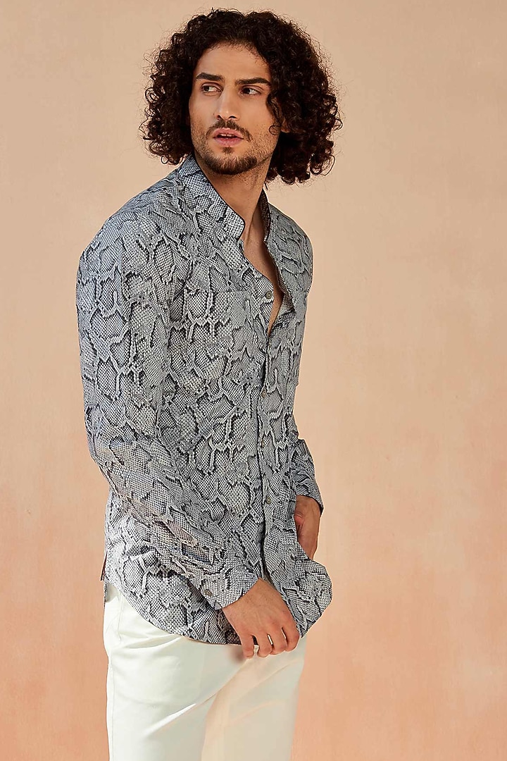 Blue Cotton Python Printed Party Wear Shirt by SEVENDC MEN at Pernia's Pop Up Shop