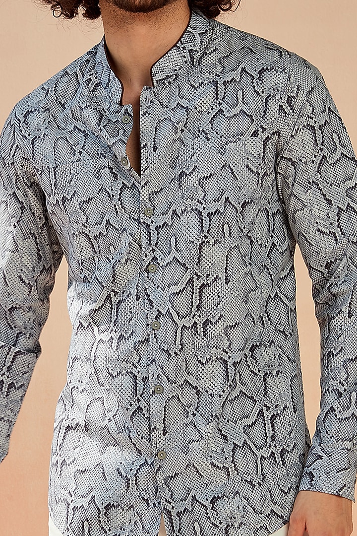 Blue Cotton Python Printed Party Wear Shirt by SEVENDC MEN at Pernia's Pop Up Shop