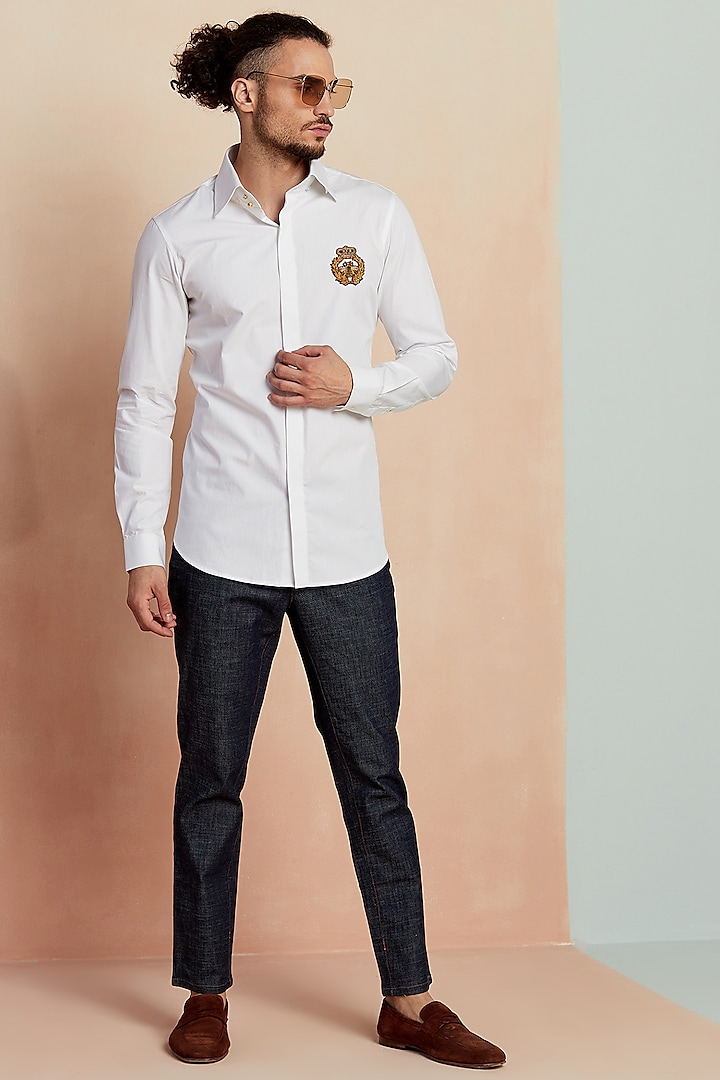 White Cotton Embroidered Shirt by SEVENDC MEN