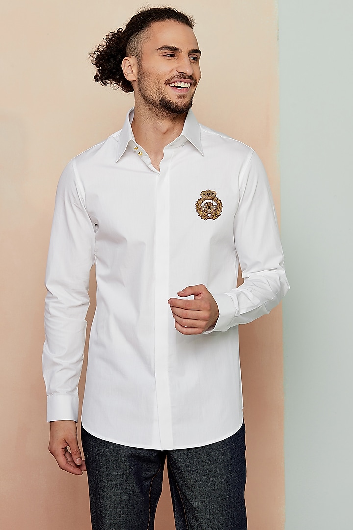 White Cotton Embroidered Shirt by SEVENDC MEN at Pernia's Pop Up Shop