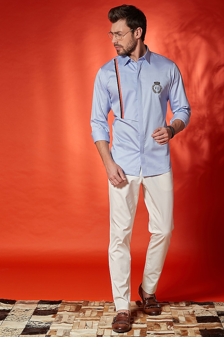 Sky Blue Cotton Striped Shirt by SEVENDC MEN