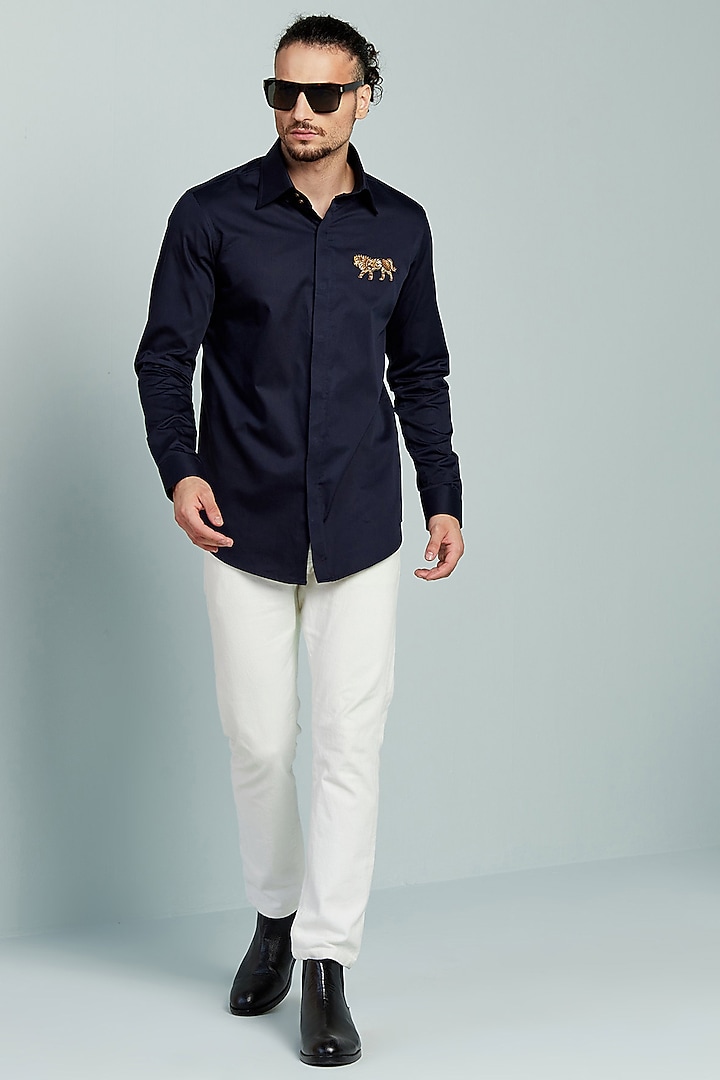 Black Cotton Embroidered Party Wear Shirt by SEVENDC MEN at Pernia's Pop Up Shop