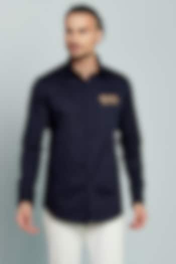 Black Cotton Embroidered Shirt by SEVENDC MEN
